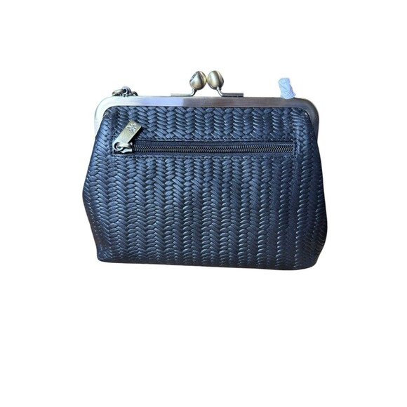 ANUSCHKA Black Woven Genuine Leather Handbag Kiss Lock Clutch Shoulder Bag Purse - Picture 3 of 6